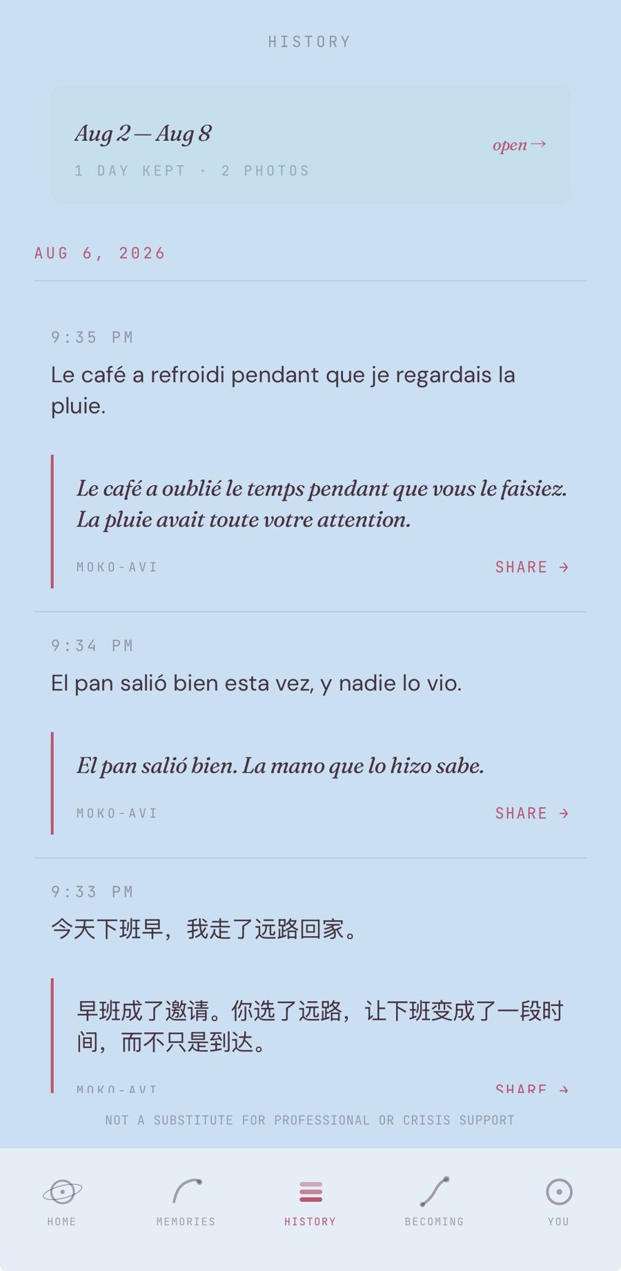 History: entries in French, Spanish, and Chinese with their replies, under a weekly journal card